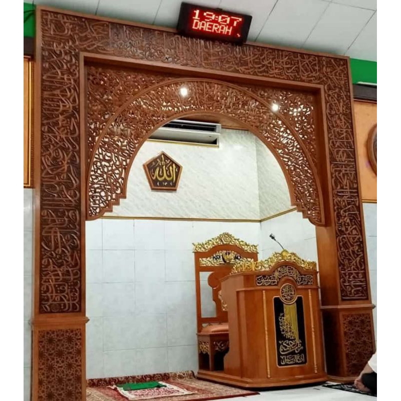 MIHRAB MASJID KAYU JATI UKIR MEWAH / MIHROB MASJID UKIR PREMIUM KAYU JATI HARA ASLI TPK PERHUTANI