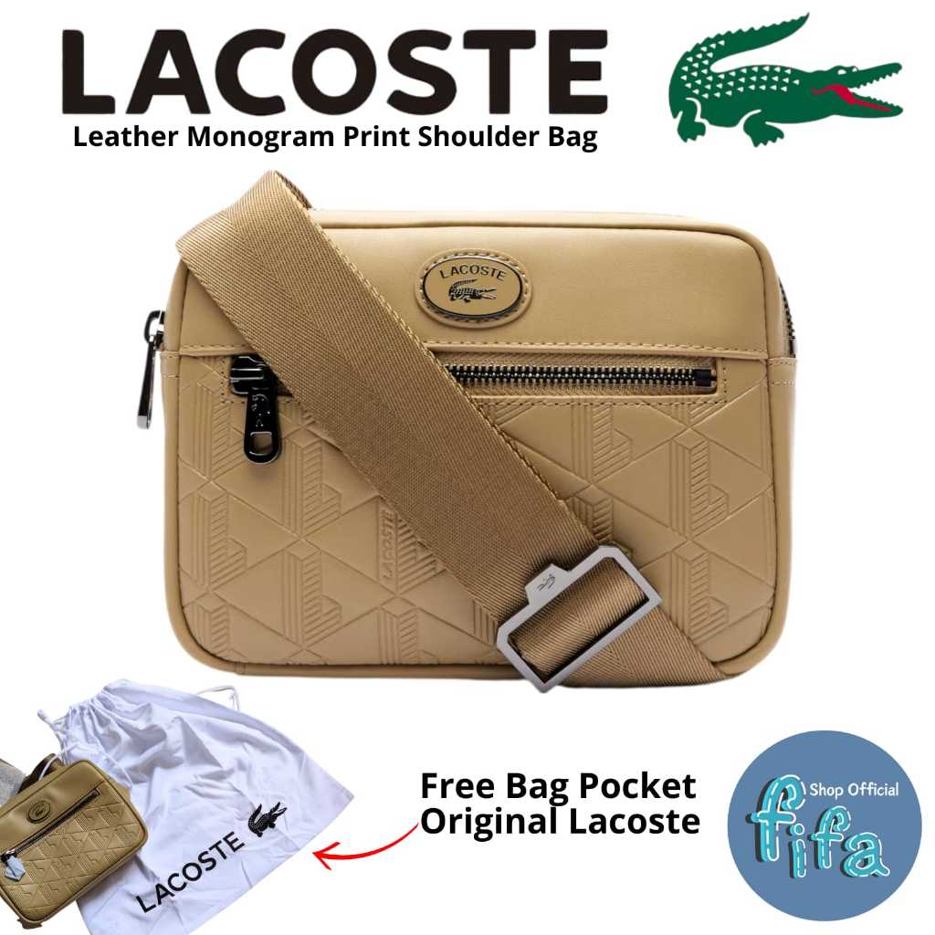 Lacoste Leather Monogram Print Shoulder Bag Original / Tas Selempang Pria