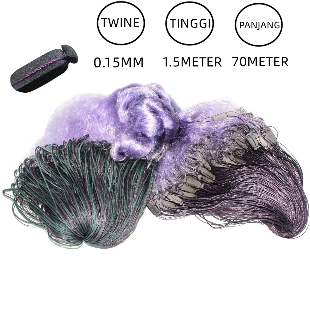 JARING IKAN UNGU JARING Jaring ikan siap pakai tinggi SENAR0.15MM 1,5 m x 70 panjang