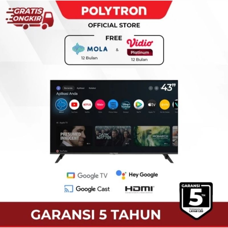 TV LED POLYTRON 43INCH ANDROID GOOGLE TV PLD 43RG9059 TV POLYTRON 43INCH