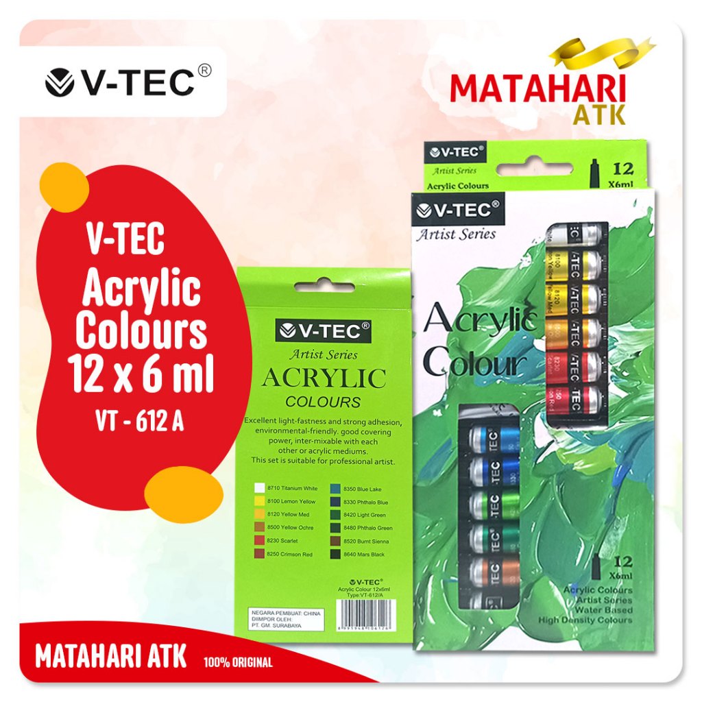 

Cat Akrilik 12W V-TEC VT-612A / Acrylic Colours 12 Warna x 6 ML - Set VTEC / Acrylic Colour V Tec Set for Artist