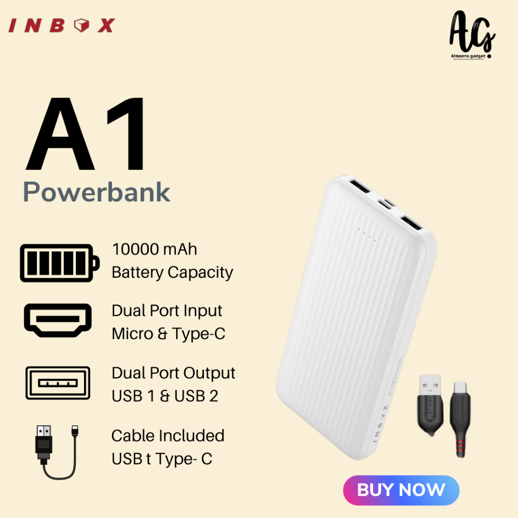 Inbox A1 Powerbank 10000mAh Dual Output USB Port Dual Input Micro Type-C