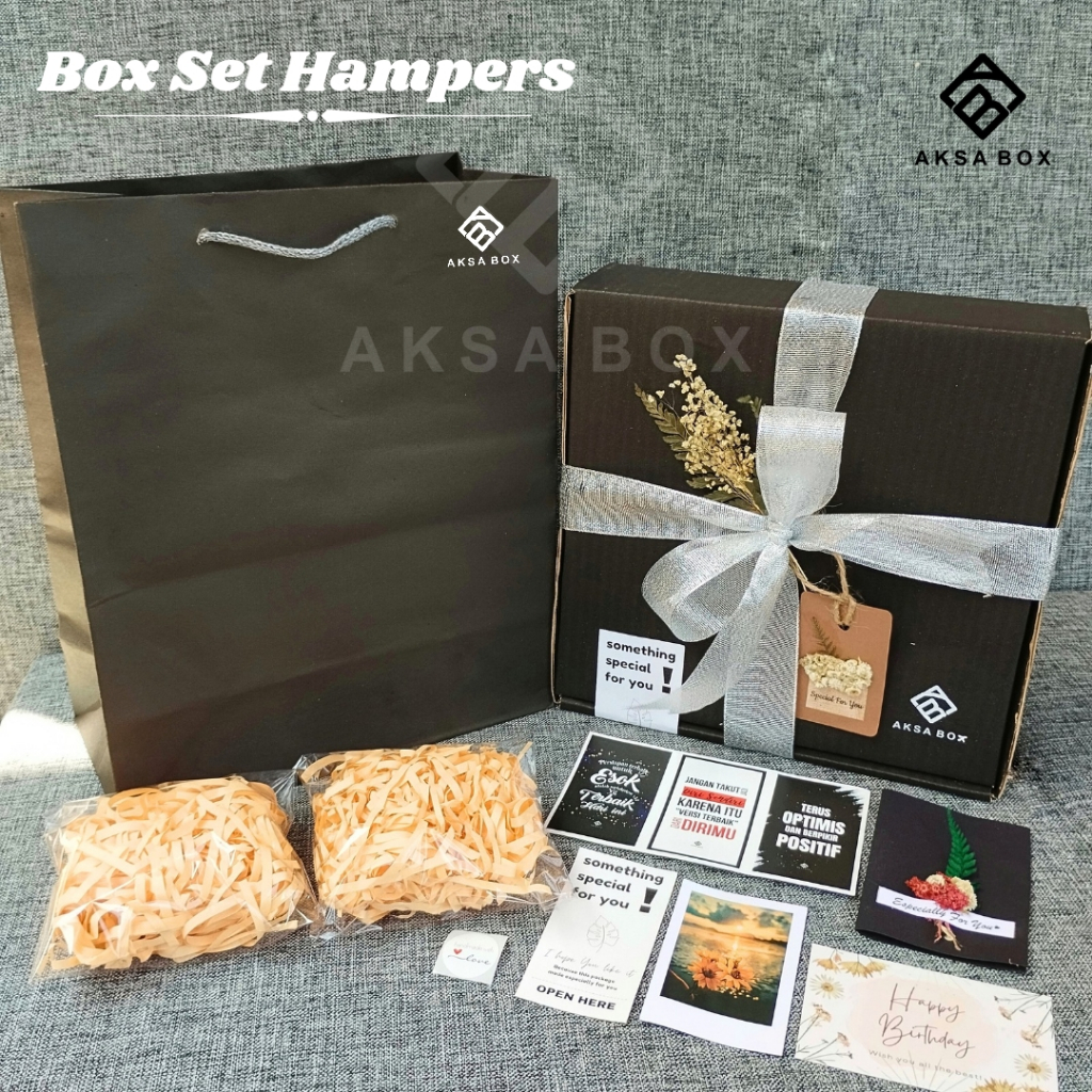 

AKSA BOX HAMPERS KOTAK KADO SET KARDUS PACKING HITAM LENGKAP GIFT BOX ESTETIK