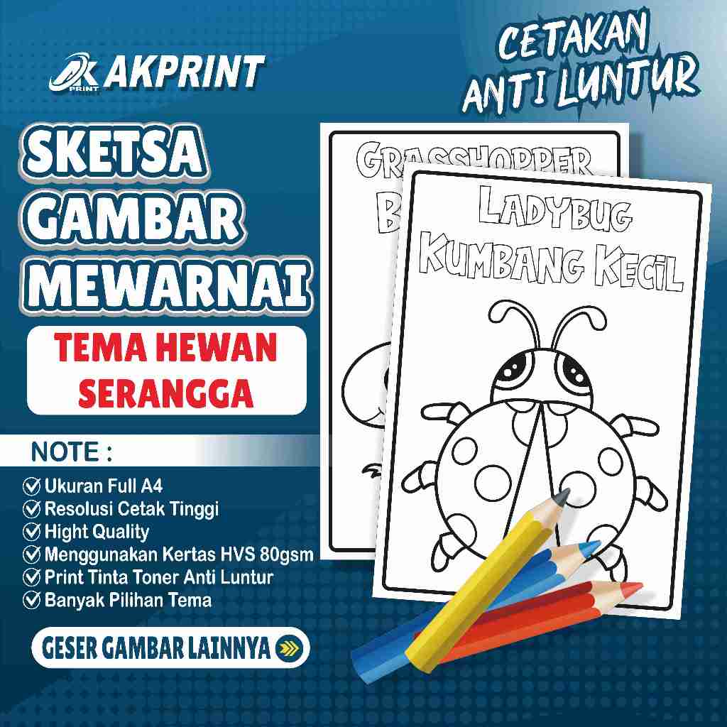 KERTAS SKETSA GAMBAR MEWARNAI TEMA HEWAN SERANGGA