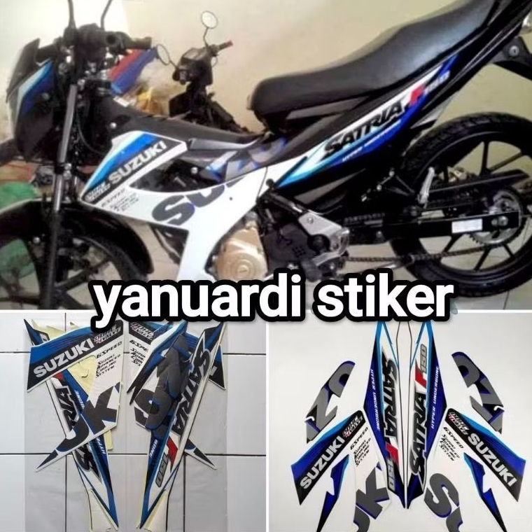 STRIPING STIKER SATRIA FU 150 TAHUN 2015 GP SERIES PUTIH HITAM LIST BIRU FU FL GP 2015