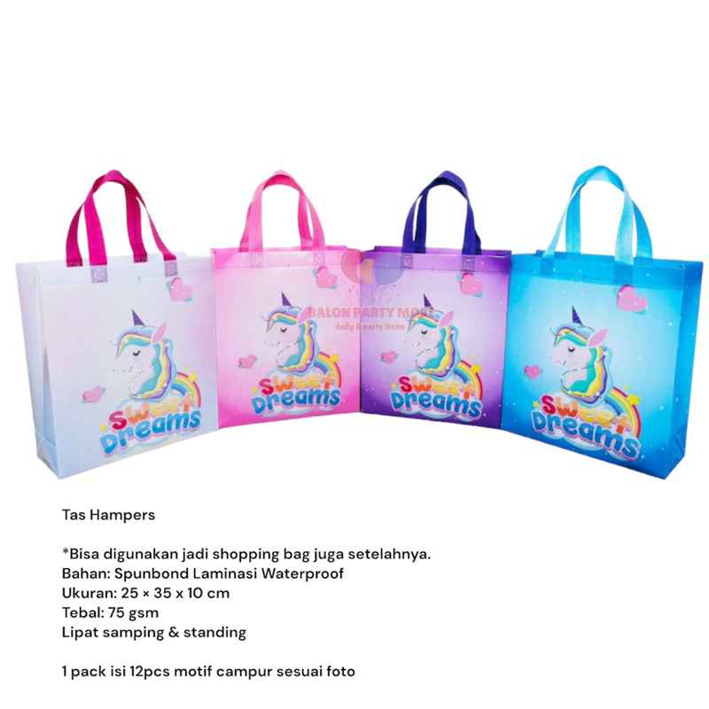 

(ISI 12 PCS UNICORN) TAS HAMPERS SOUVENIR BESAR BAHAN SPUNBOND LAMINASI UKURAN 25cm x 35cm x 10cm/ TAS SERBAGUNA ANTI AIR MURAH