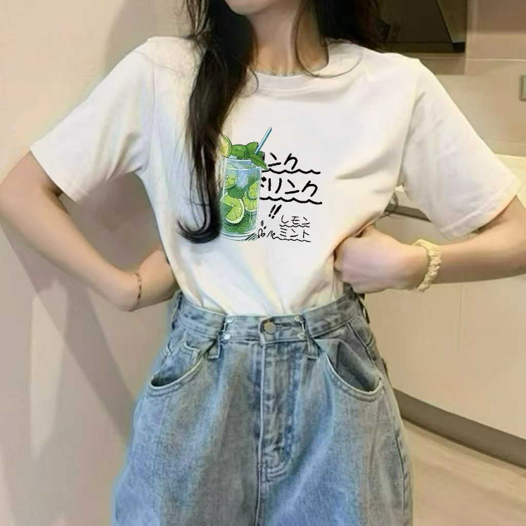 Kaos wanita leher bulat unik Korea yang longgar