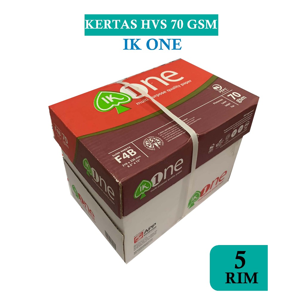

KERTAS HVS MERK IK ONE 70 GSM UKURAN FOLIO (21,5 X 33 CM ) , 1 BOX / 5 RIM