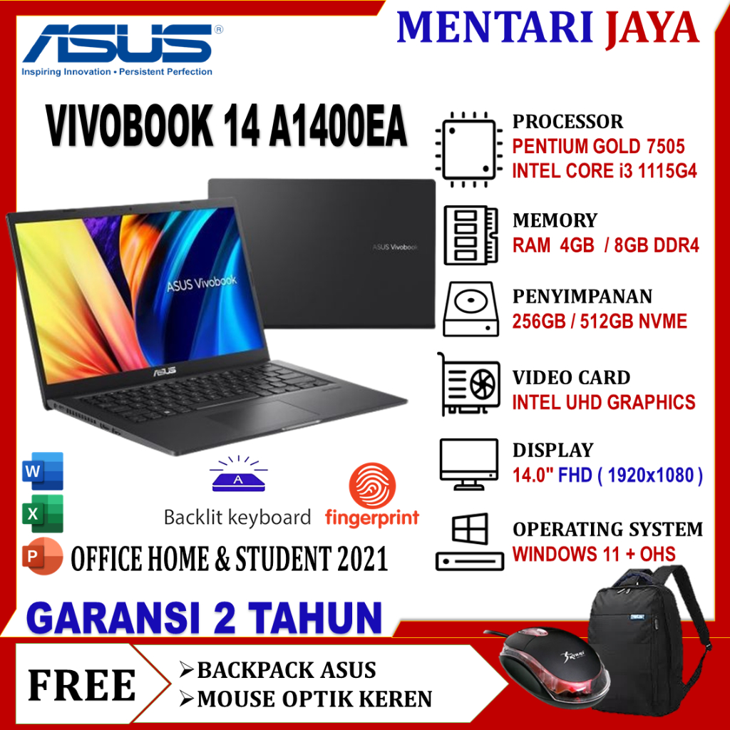 Laptop Asus VivoBook 14 FHD A1400EA Intel Core i3 1115G4 8GB 512GB Win11 OHS Terbaru Original