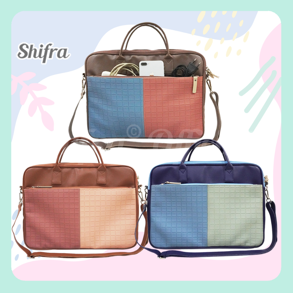 MURAH SHIFRA TAS LAPTOP SELEMPANG TALI PANJANG KANTONG EMBOSSED KOMBINASI DUA WARNA BLUE MINT CREAM
