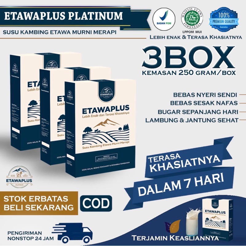 

Etawaplus Platinum | Etawaplus Kolostrum | Susu Kambing Etawa Murni Merapi 250gram - Paket Hemat 3 Box