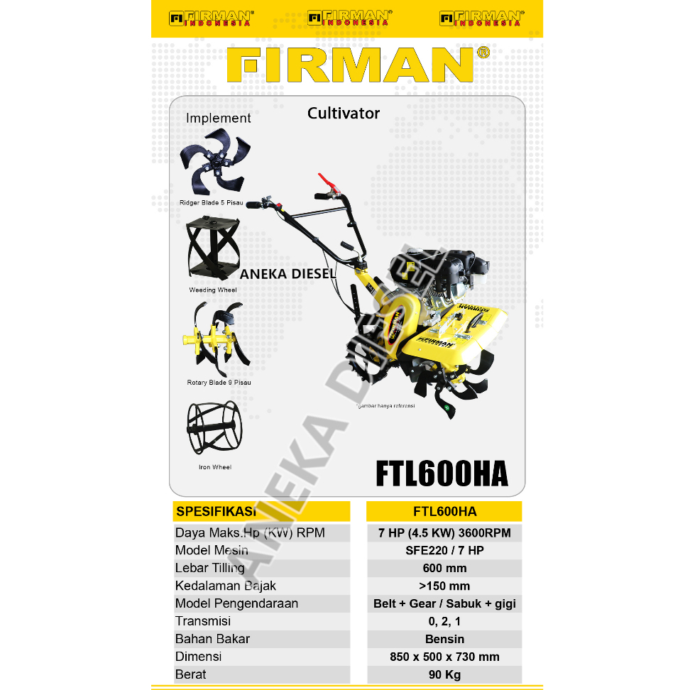 Mesin Bajak Sawah Traktor Bensin FIRMAN FTL 600HA Cultivator Tiller Machine FTL 600HA FIRMAN Pembaja