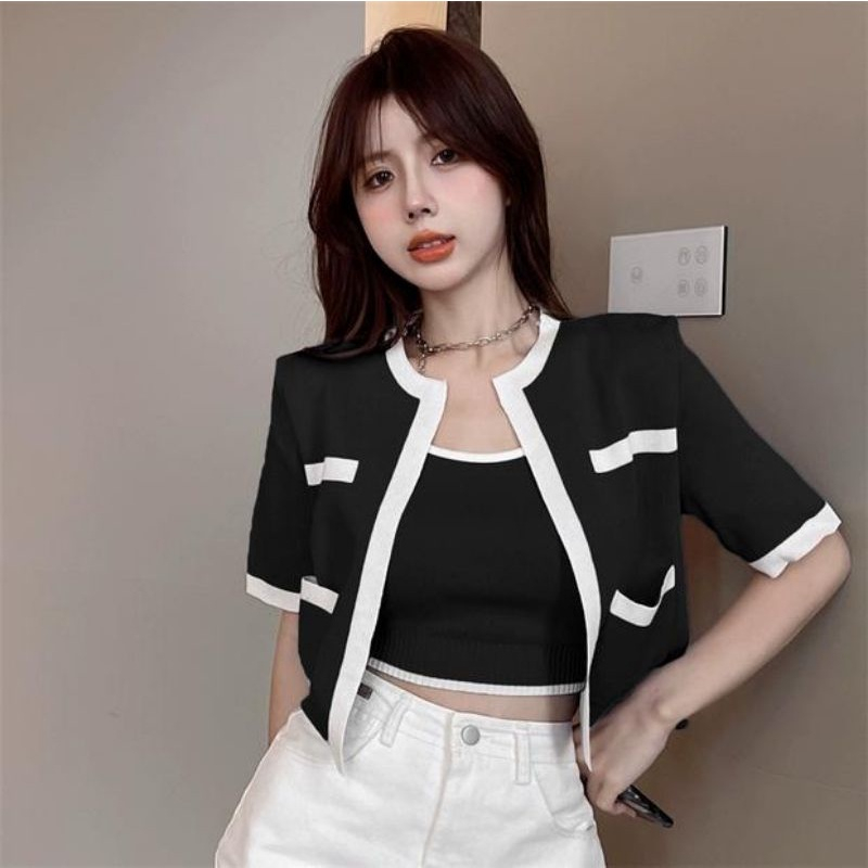 Santaniah Knitted Top Fit Size M-XL Fashion Atasan Wanita 2in1 Tanktop Crop Outer Blazer Knit RajutC