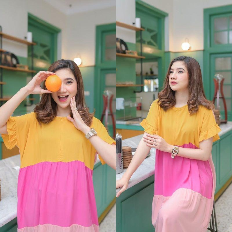 Ice Cream daster dress wanita polos model anak remaja terbaru selutut kombinasi warna aksen tangan r