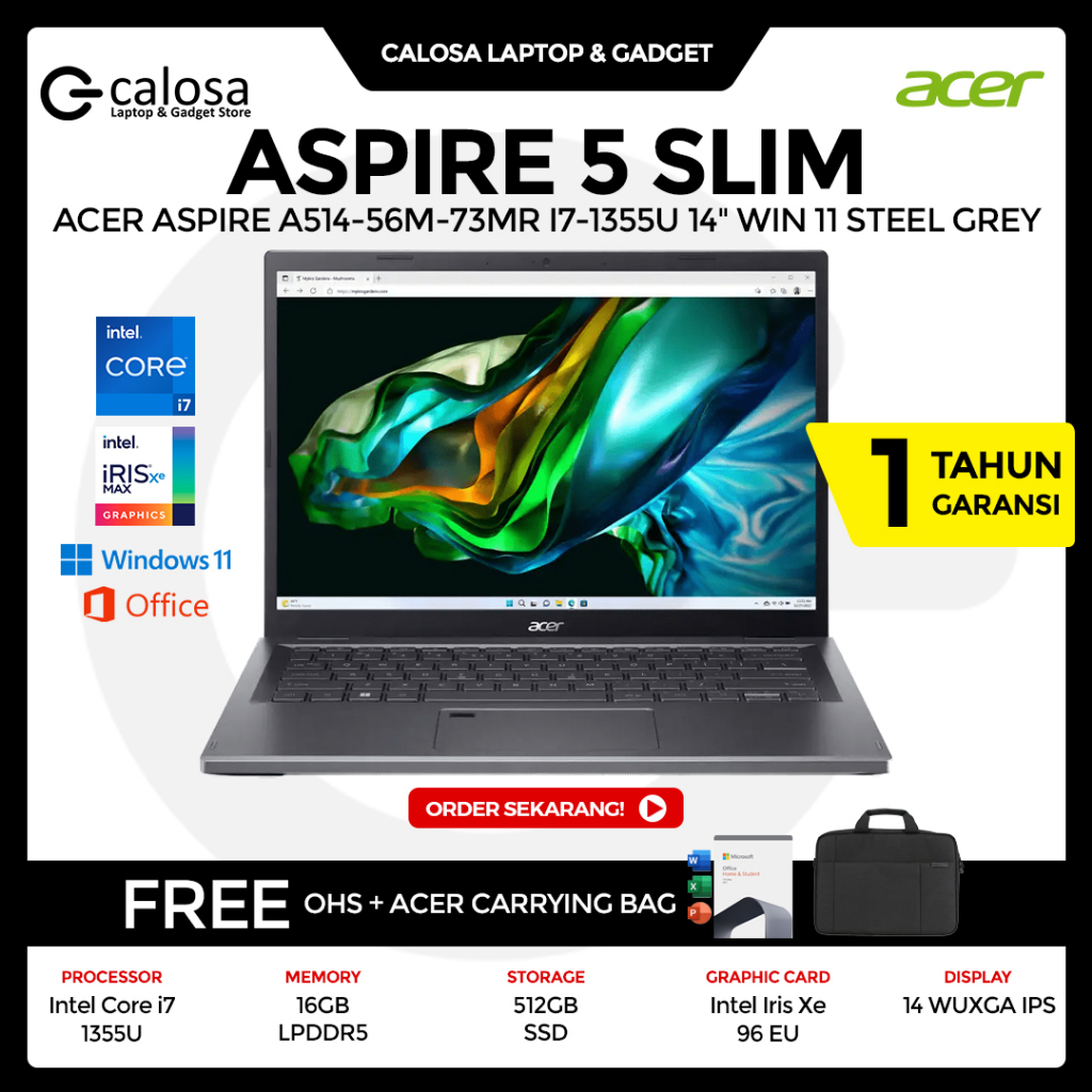 LAPTOP ACER ASPIRE 5 SLIM A514 56M 73MR INTEL I7 1355U RAM 16GB SSD 512GB WIN11 + OHS 2021 FREE BAG