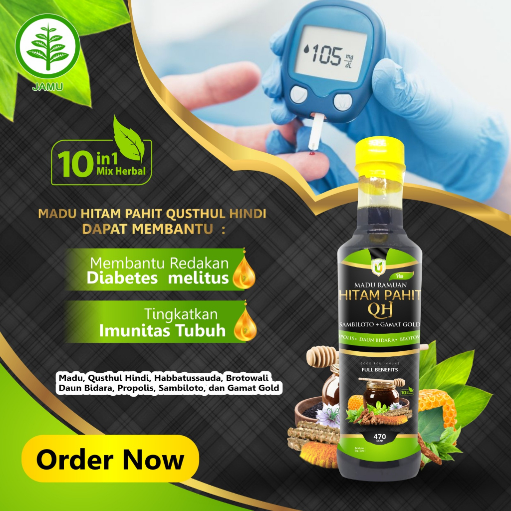 Madu Hitam Pahit Qusthul Hindi Premium 10 in1 Plus Propolis Habbatussauda 470ml Sambiloto dan Insuli
