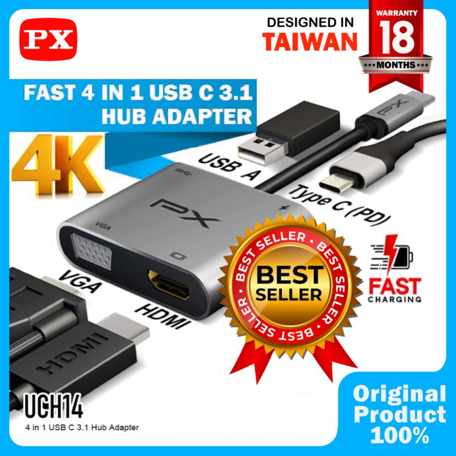 PX UCH14 Type C 3.1 to HDMI VGA USB Hub Converter Adaptor 4 in 1 4K