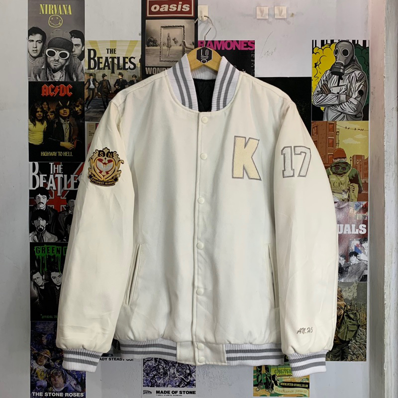 Jaket Varsity Leather Jacket Pria / Wanita Kyungsung Univ Logo K Full White