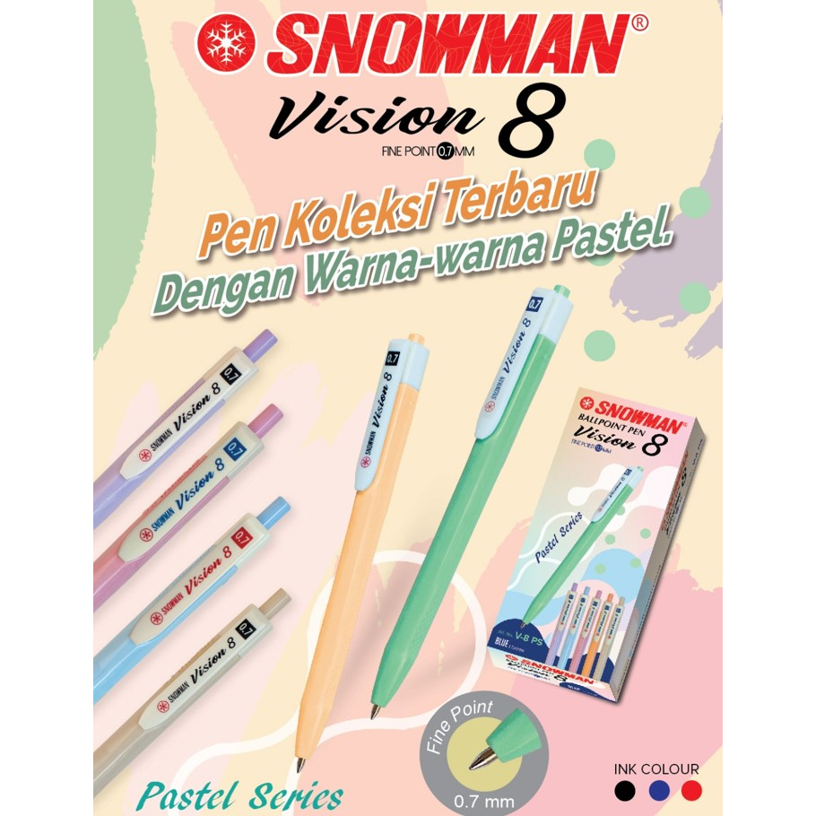 

Pulpen Snowman Vision 8 Pastel / Pen Ballpoint V8 0.7mm (12pcs)