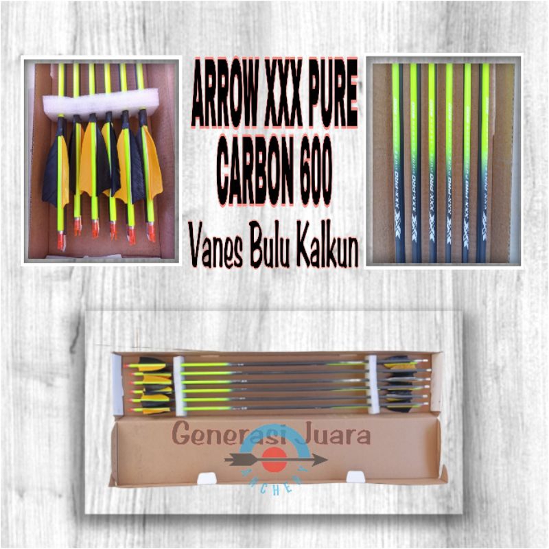 ARROW XXX-PRO PURE CARBON 600 - Pure Carbon Arrow Spine 600 - Arrow Full Karbon Vanes Bulu Kalkun Ol