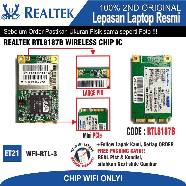 ET21 WFI-RTL-3 WiFi Chip Laptop REALTEK RTL8187B WIRELESS CHIP IC