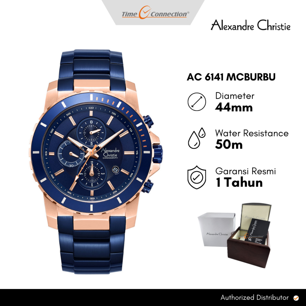 Alexandre Christie AC 6141 MCBURBU Biru Rosegold Original / Jam Tangan Pria Analog Rantai Stainless 