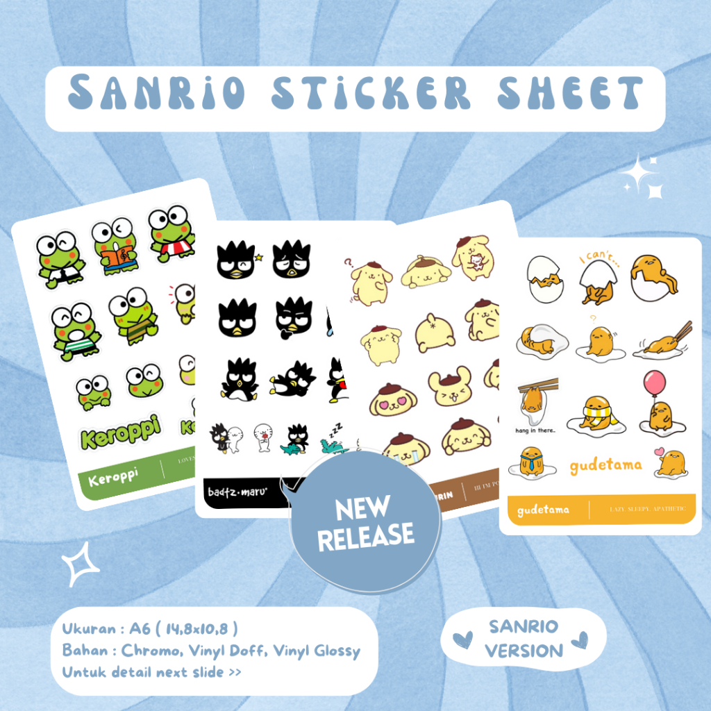 

Sticker Sheet Sanrio Sticker Deco Sanrio Stiker Gudetama Stiker Pompompurin Stiker Badtz Maru Sticker Keroppi Sticker A6 Sticker Cartoon Gudetama Sticker Cartoon Pompompurin Sticker Cartoon Badtz Maru Sticker Cartoon Keroppi