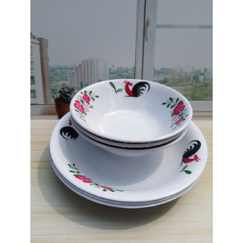 6 pcs Mix 3 Piring dan 3 mangkok motif ayam jago | mangkuk ayam jago | piring makan melamin