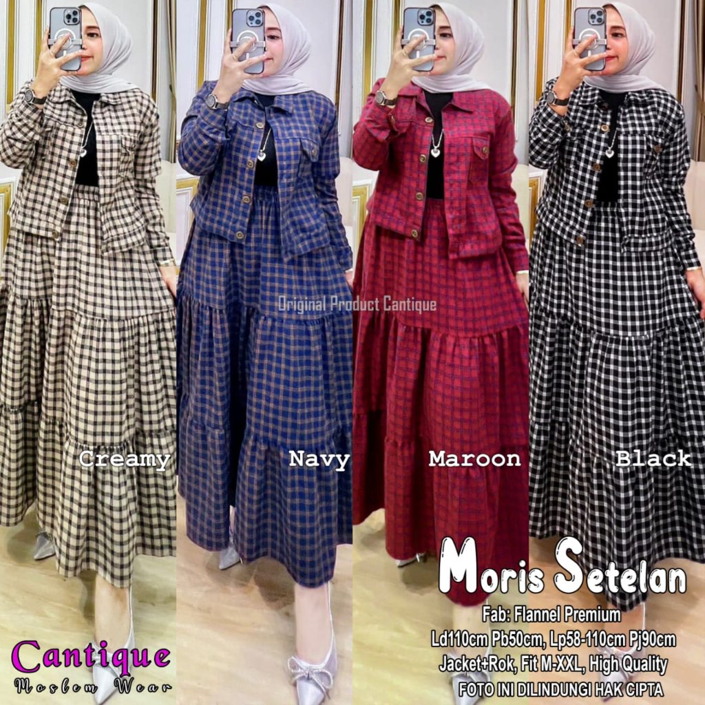 MORIS SET ROK MOTIF TARTAN SETELAN BAJU WANITA BLOUSE FULL KANCING DAN ROK MOTIF KOTAK KOTAK OUTFIT 