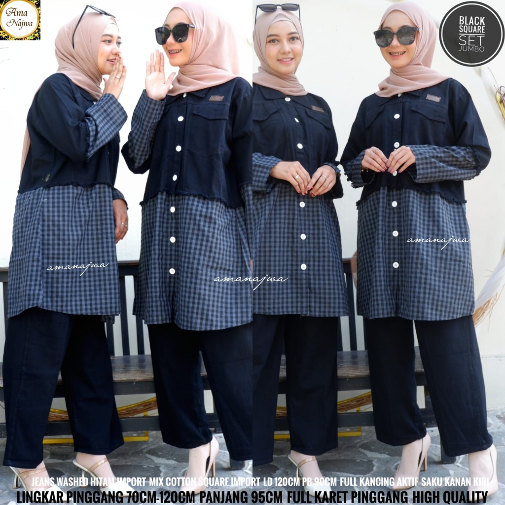 BLACK SQUARE SET JEANS TUNIK MOTIF KOTAK KOTAK DAN CELANA KULOT JEANS ONESET MAT. JEANS IMPORT JUMBO