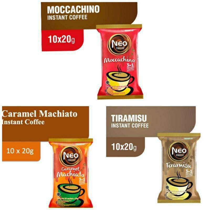 

BUBUK KOPI NEO COFFEE MOCCACHINO 20GR 10'S NEO COFFEE TIRAMISU MACHIATO 3 IN 1 20GR 10'S