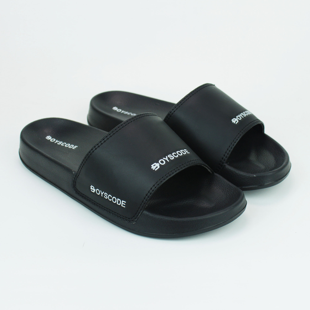 Sendal Selop Karet Distro Pria Wanita BOYSCODE Mid Logo Emboss Hitam / Slip On Pria / Slop Pria / Slide Pria