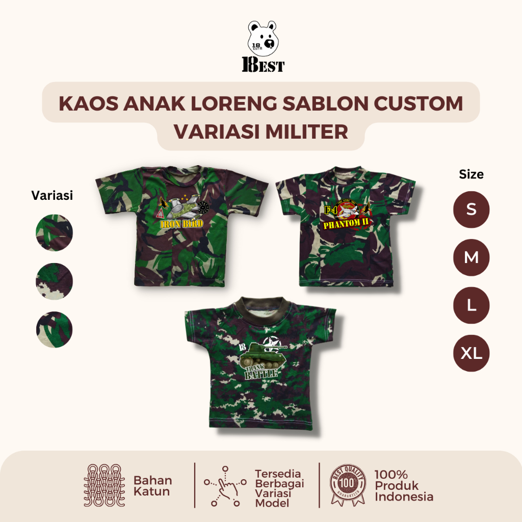 18EST – Kaos Distro Loreng Hijau Anak Laki Laki Sablon Custom GAMBAR Lengan Pendek Variasi Militer T