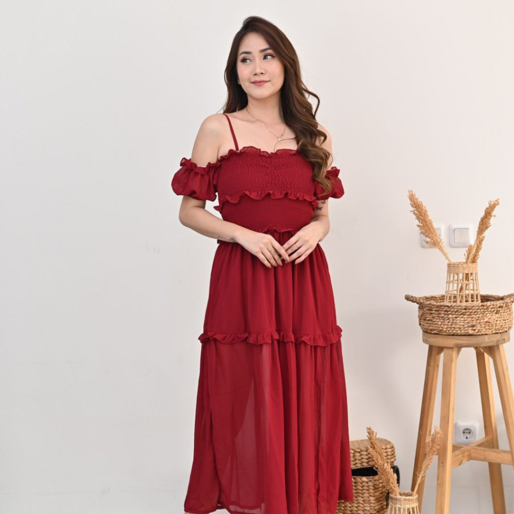 Amama Derina Dress Pantai Natal Wanita Sabrina Bahan Sifon Bali Putih Maroon Hitam Casual DA522