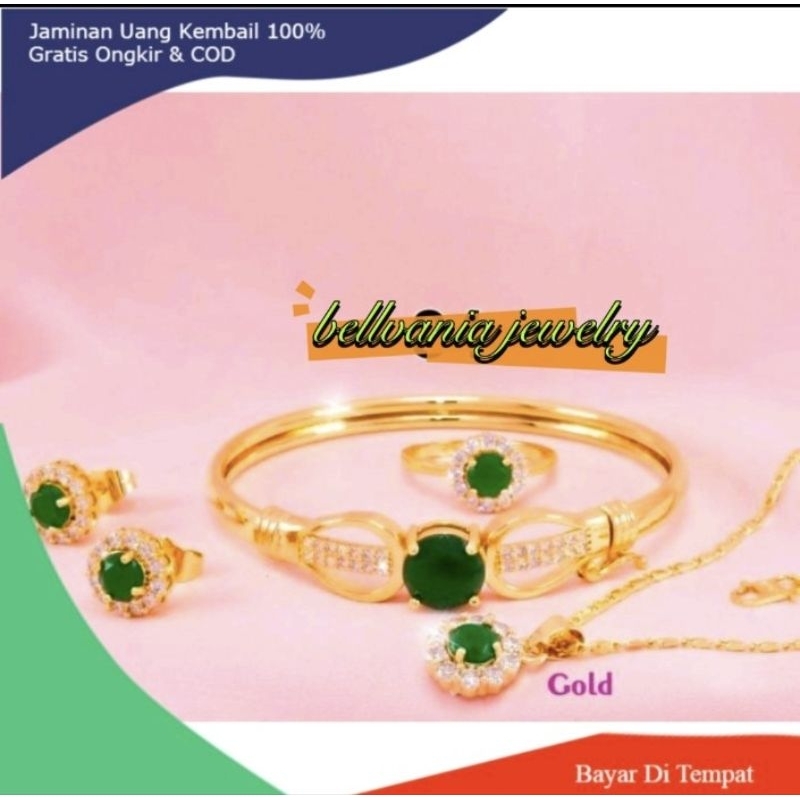 Perhiasan Wanita Satu Set Permata Hijau Emas 24k
