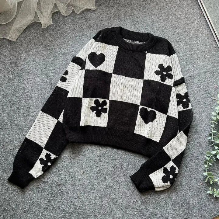 MLC - Love Flower Kotak Crop Sweater Rajut Terbaru / Sweater Rajut Crop Remaja / Sweater Rajut Wanit