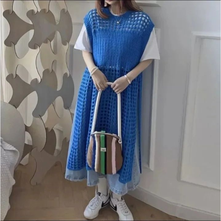 MLC - Wakuta Long Rajut Wanita Terbaru / Tunik Rajut Wanita / Tunik Rajut Jaring Lengan Pendek / Out