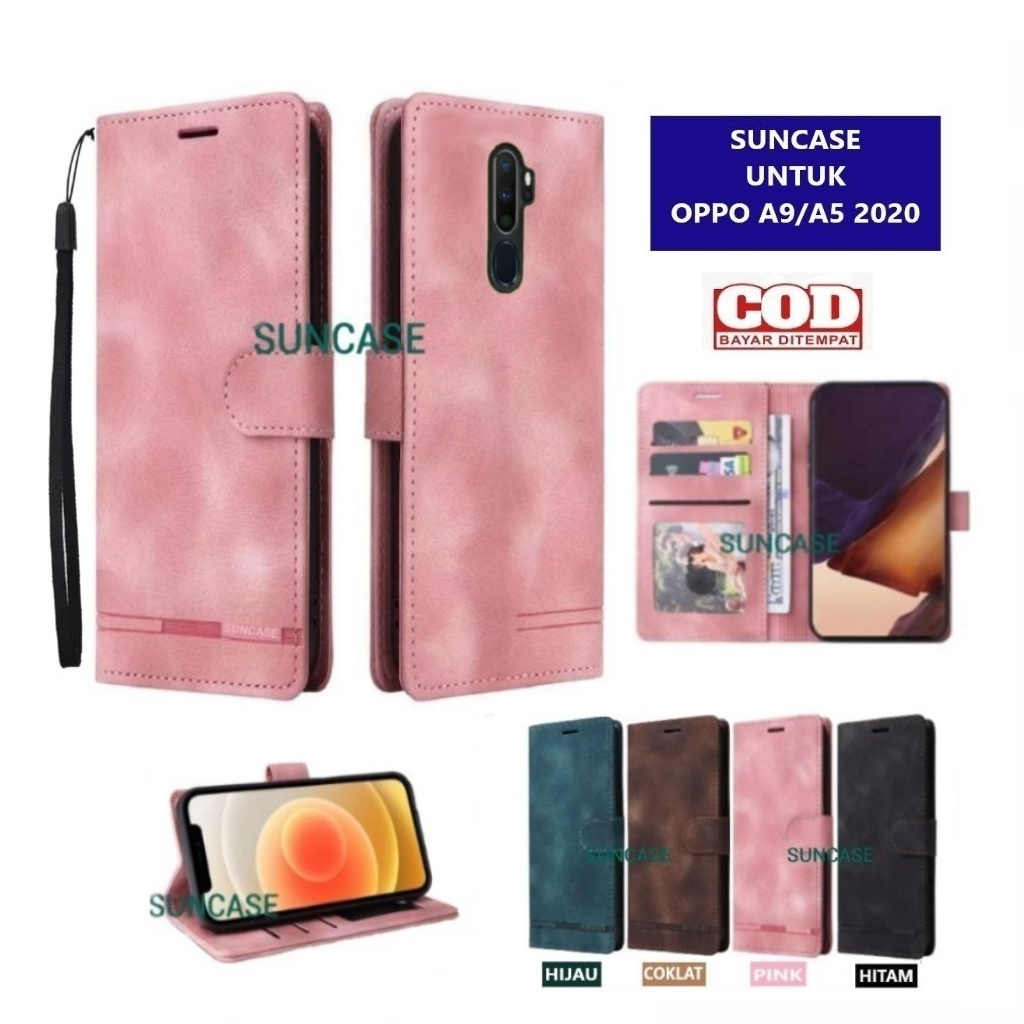 Casing OPPO A9 2020 / A5 2020 model flip buka tutup case kulit ada tempat foto dan kartu juga tali h