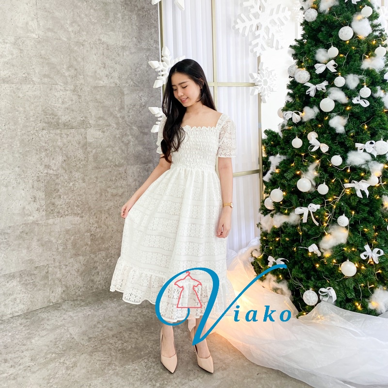 HANA DRESS SABRINA BAHAN BRUKAT GAYA KOREA - DRESS RUFFLE RENDA- DRESS BRUKAT PREMIUM -DRESS BRUKAT 