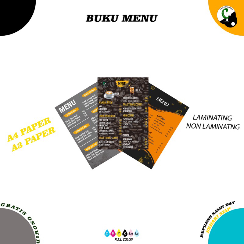 CETAK MENU MAKANAN + LAMINATING A4/A3