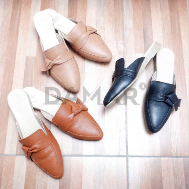 Tutong Kulit Asli Wanita Mules Flat Variasi Pita Pinggir