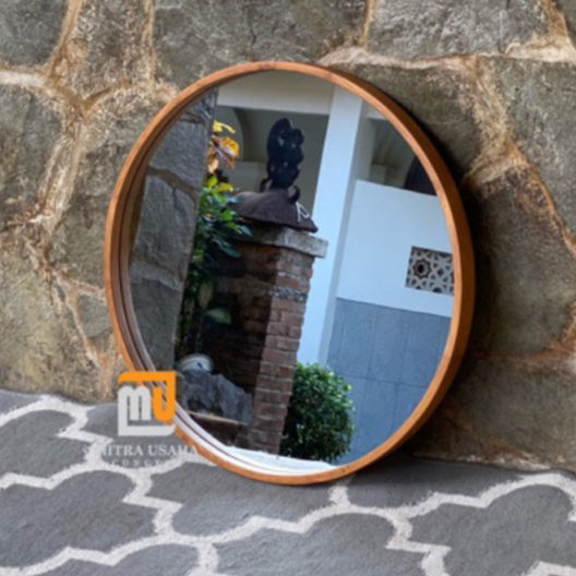 Cermin pigura Bulat 60cm - Pigura Kayu Jati - Mirror - Cermin kayu dinding - Round mirror - Pigura b