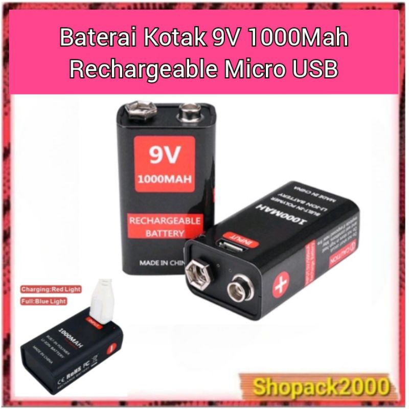Battery kotak 9v 1000mah rechargeable USB isi ulang