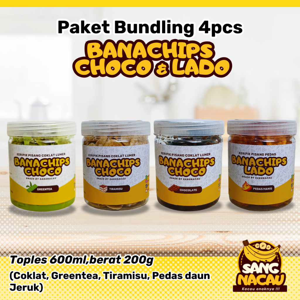 

4 toples Bundling Keripik Pisang coklat lumer Banana Chips choco dan lado @200gram