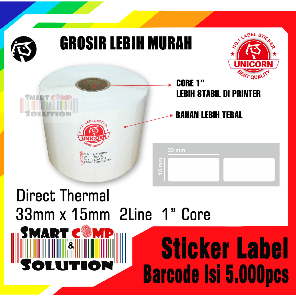 

33x15 mm / 33x15mm Direct Thermal 2 LINE 5000PCS CORE 1" LABEL STICKER UNICORN 33 x 15