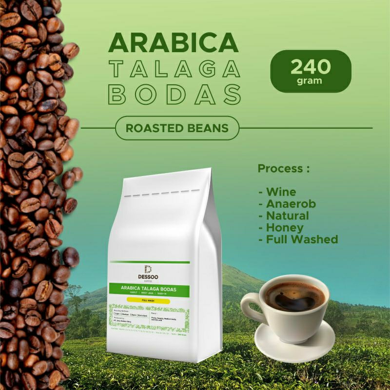 

KOPI ARABICA TALAGA BODAS GARUT PREMIUM ROASTED BEANS 240 gram (FULLWASH, NATURAL & WINE)