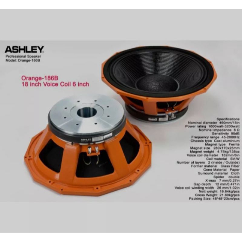 SPEAKER KOMPONEN WOOFER ASHLEY 18 INCH ORANGE 186B ORIGINAL