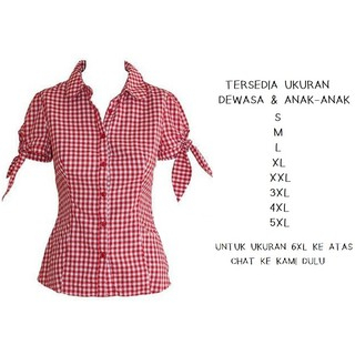 atasan kemeja kerja wanita motif kotak pita merah putih