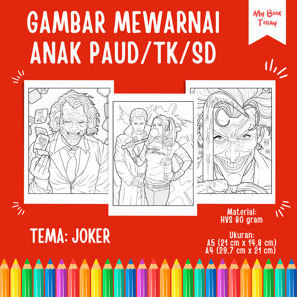 

[My Book Today] Lembar Kertas Sketsa Gambar Mewarnai untuk Anak Sekolah PAUD TK SD Tema Joker
