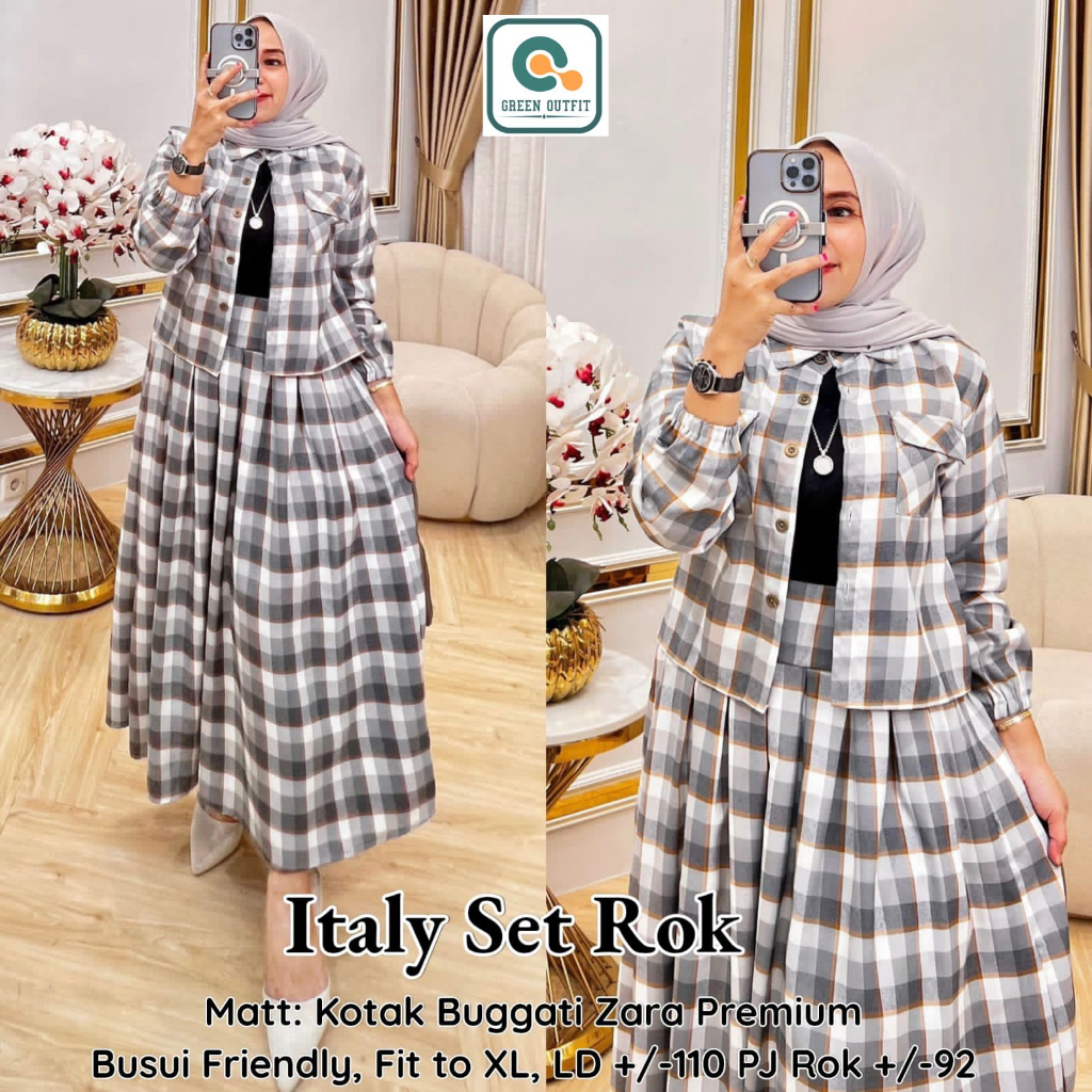 oneset 2in1 setelan stelan set 1set setcel baju pakaian atasan kemeja blouse bluse blus rok motif ko